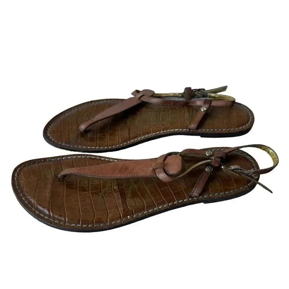 Sam Edelman Gigi Thong Sandals Caramel Brown Leather T-Strap Ankle Strap SZ 8.5